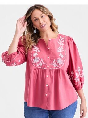 Embroidered Button-Front Blouse in Rose Pink Boho Festival Cottagecore NWT